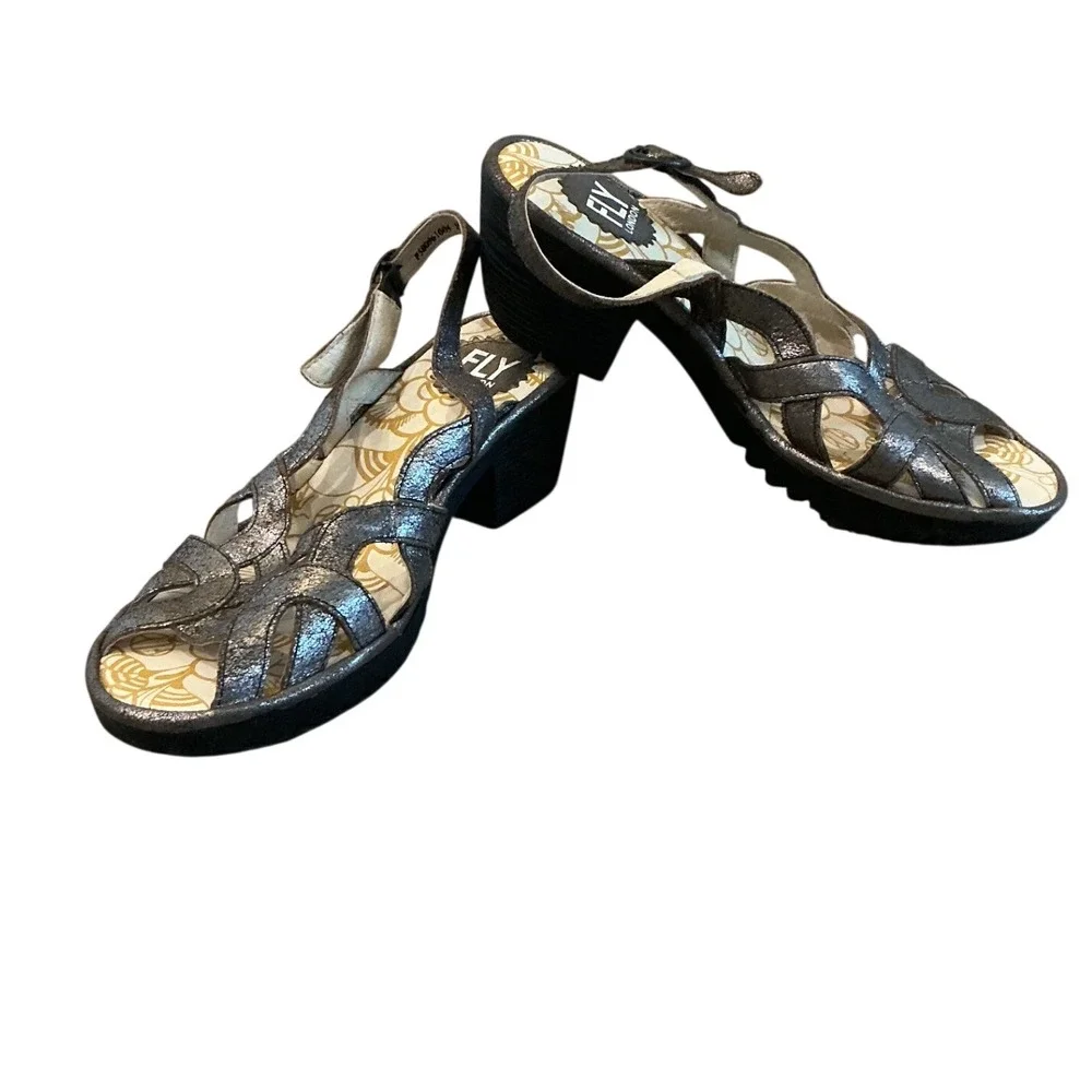 Fly London Womens Leather Sandals 39 8 8.5 Pewter Weza Slingback Wedge Grunge
